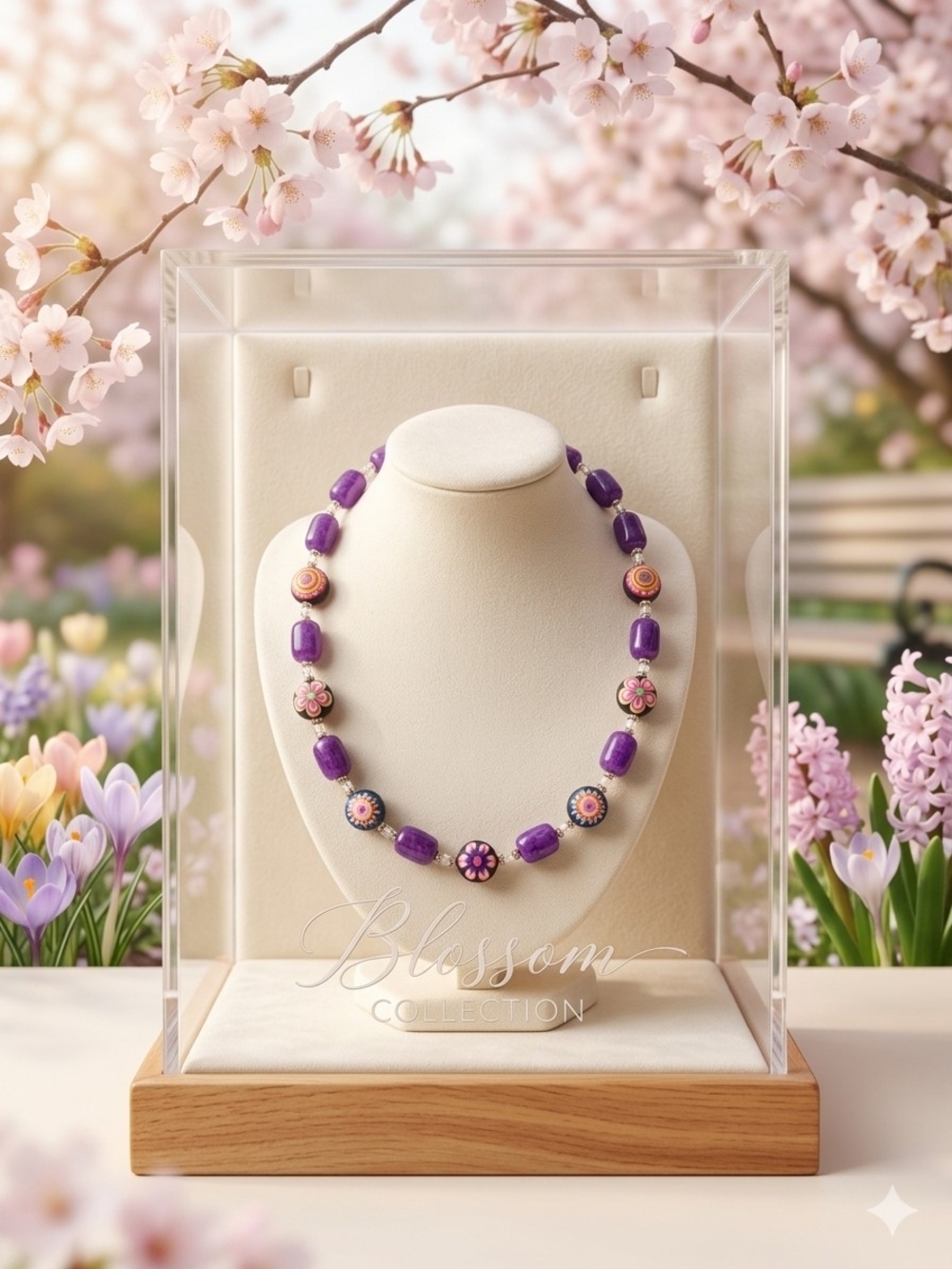 Hand Made With Genuine Amathist Beads And Clay Painted Flowers Necklace.